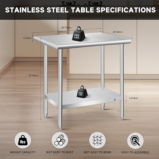 PIUMACU Stainless Steel Table Commercial Stainless Table for Prep & Work, 30 x 24 Inch Metal Table for Restaurant Garage Kitchen 24 x 30 Inch