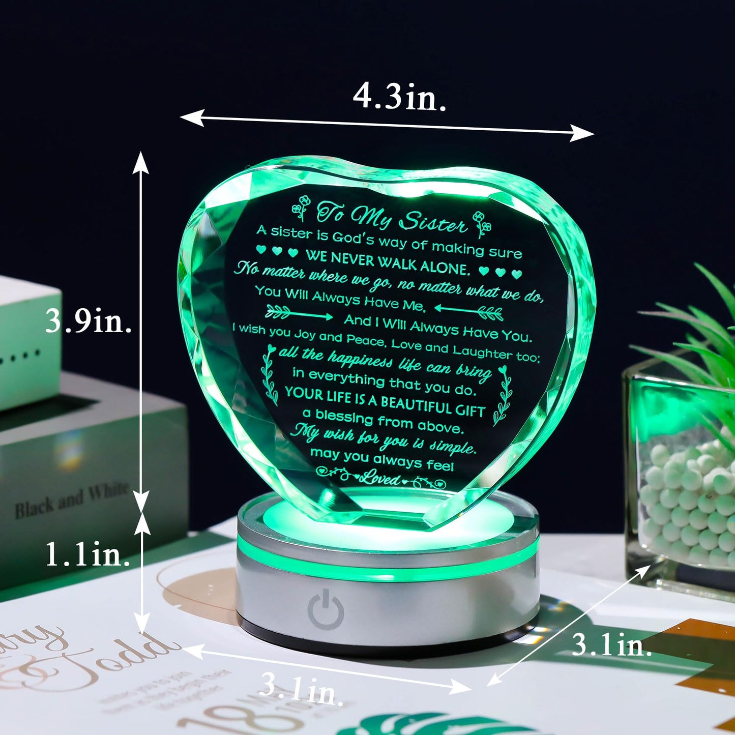 Movdyka Sister Birthday Gifts Crystal Keepsake with LED Base, Laser Engraved Sister Gifts from Sister, Soul Sister Gifts for Women, Unique Big Sister Gifts for Girls, Best Sister Ever Gifts