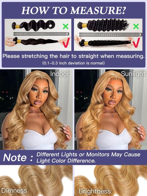 Honey Blonde Bundles Human Hair 10 12 14 Inch, Color 27 Golden Ash Blonde Body Wave Bundles Sew In Weave Tracks, Loose Wavy 100% Unprocessed Brazilian Raw Virgin Hair, Double Weft 3 Bundles Color #27