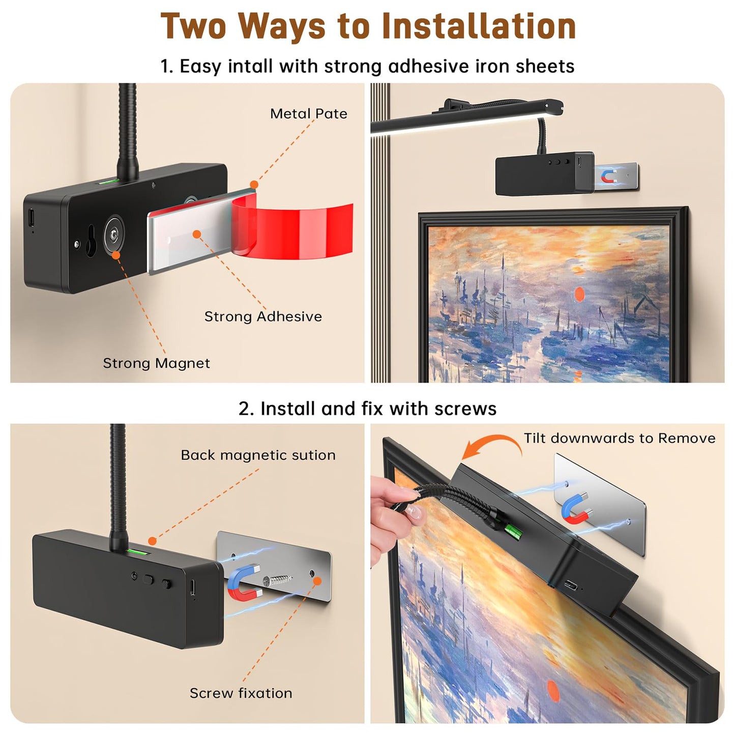 Picture Light, 15.35inch Wireless Picture Lights for Wall Rechargeable, 5400mAh Battery Wall Light with Remote, 3 Color Art Lighting for Paintings with Timer and Dimmable Artwork Display (Black-2PCS)