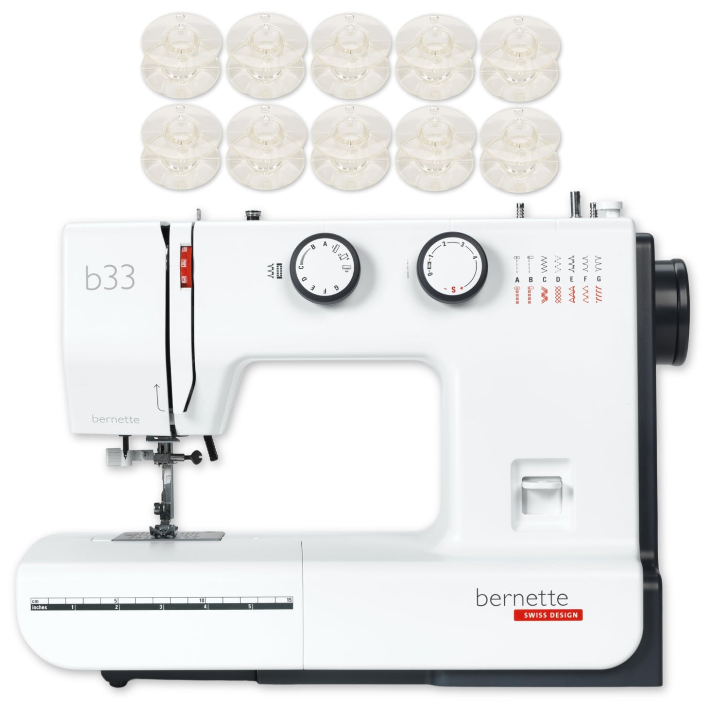 Bernette B33 Swiss Design Sewing Machine | Mechanical, Heavy-Duty, Portable, 15 Built-In Stitches, 5mm Stitch Width, Front-Loading Bobbin, Semi-Automatic Threader, Cutter,10 Bobbins