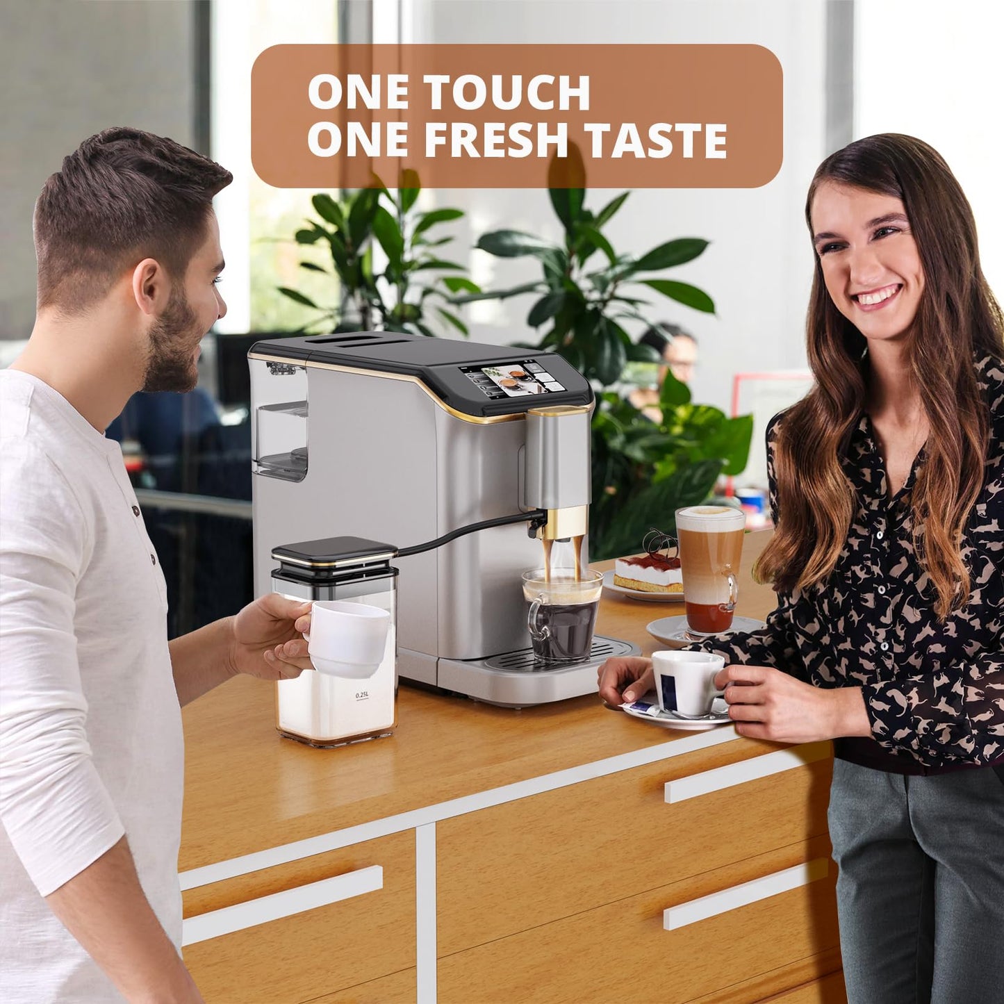 Garveehome Fully Automatic Espresso Coffee Machine with Milk Frother, 20 Bar Pressure, 15 Adjustable Grind Levels, 8 in-1 Coffee Maker with TFT Touchscreen, Removable Water Tank Cappuccino Latte Maker