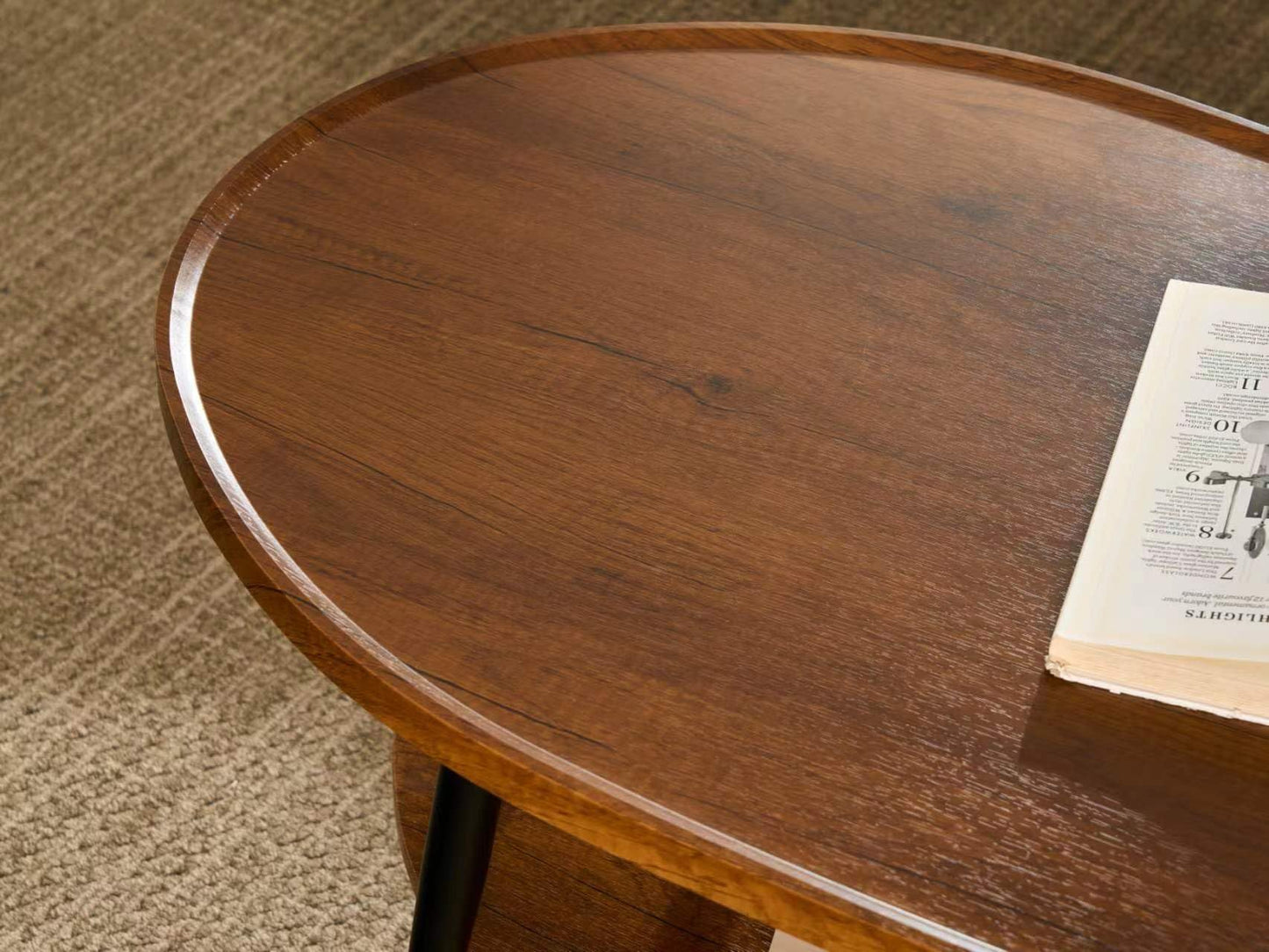 Shrine Oval Coffee Table, Mid-Century Modern Coffee Table, Brown Walnut Wood Table for Living Room, D47''x W23.6''x H15'', Sleek Conical Metal Legs with Black Finish