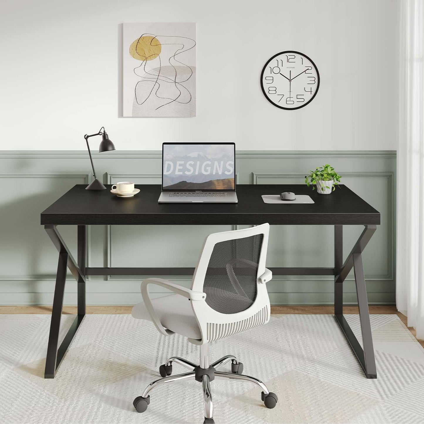HSH Black Desk, Modern Industrial Home Office Computer Desk, Laptop PC Desk for Student Work Writing Study Gaming, Simple Metal and Wooden Computer Table in Bedroom Living Room Workstation, 55 Inch