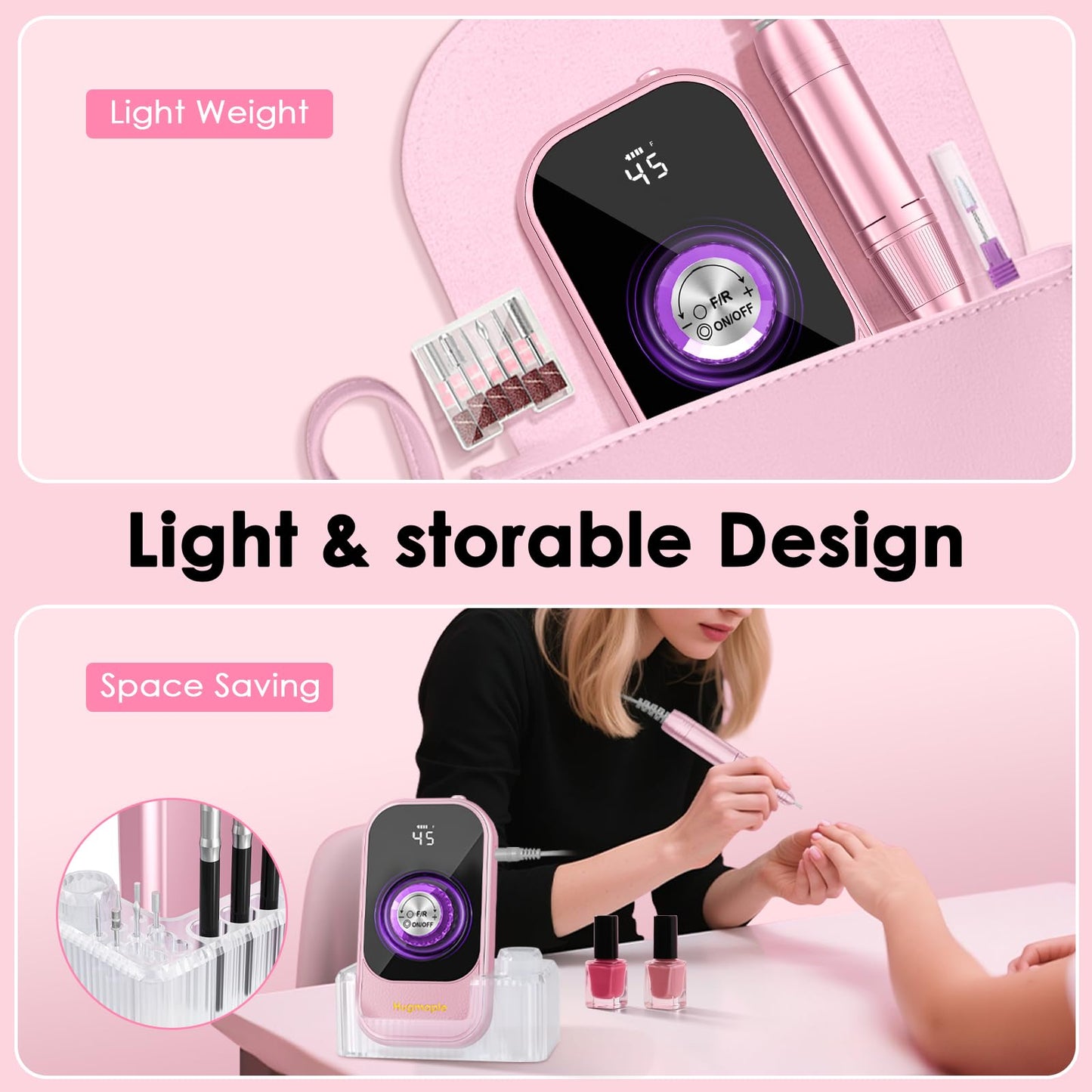 Professional Electric Nail Drill File, HUGMAPLE 45000RPM Portable E-File Machine with Bits & Base, Rechargeable Cordless Nail Dr