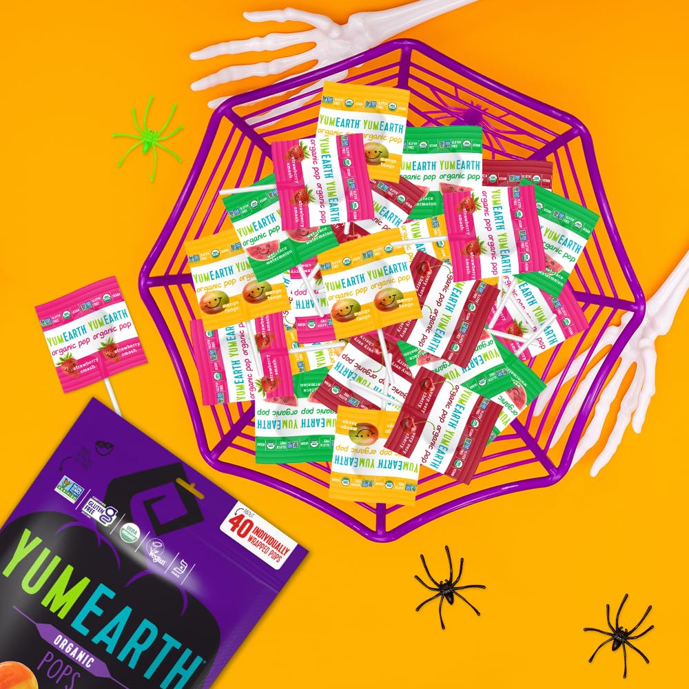 YumEarth Organic Halloween Lollipops - Allergy Friendly (Top 9 Free), No Artificial Dyes or Flavors, Non GMO, Gluten Free, Vegan, Individually Wrapped - Assorted Flavors, 8.7 oz (Pack of 40)
