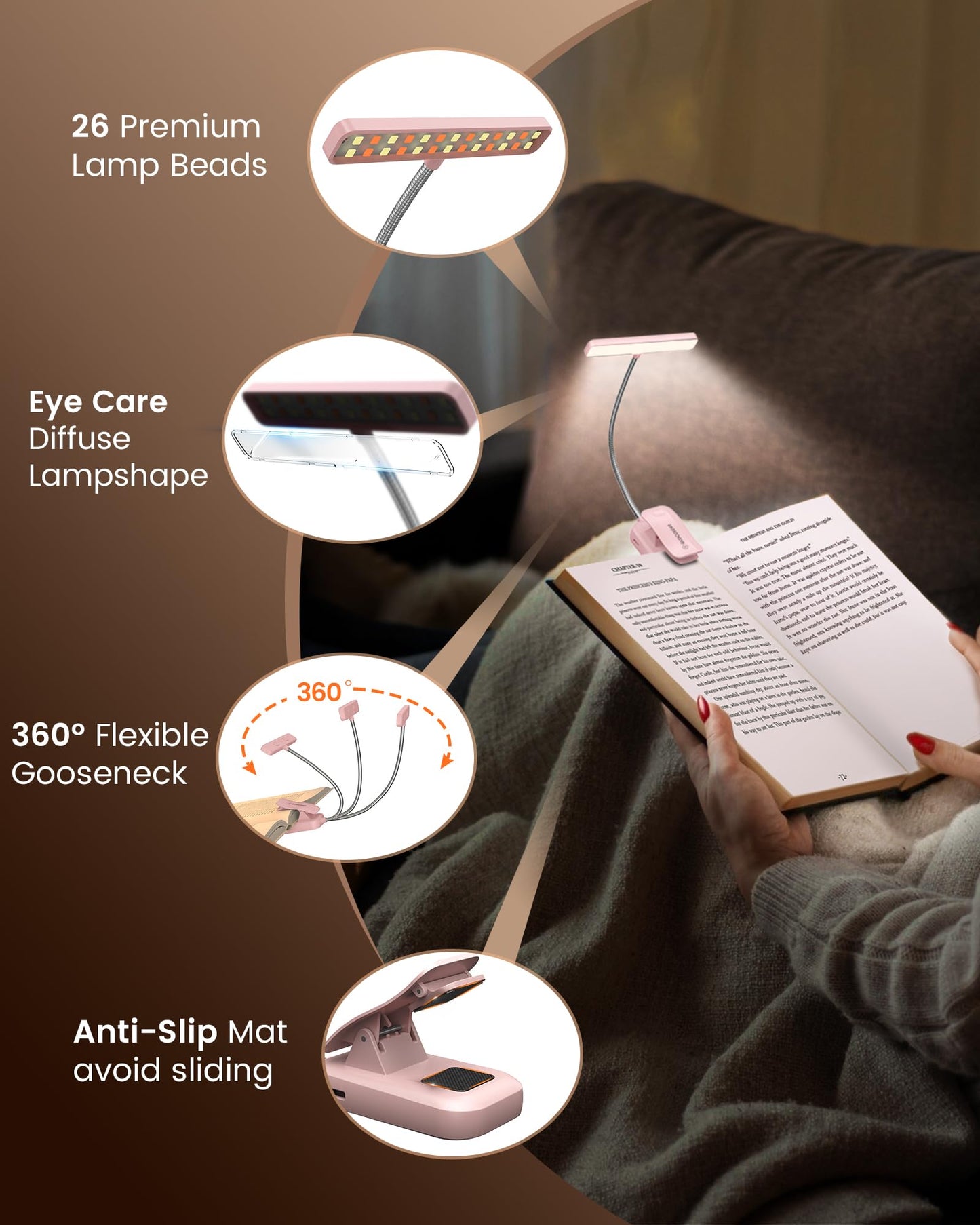 Glocusent 26 LED Book Light, 1200 mAh 90 Hrs Lasting Rechargeable Reading Light, 5 Amber Colors & Stepless Dimming Book Reading Light - Portable Clip on Light for Book Lovers Kids-Pink