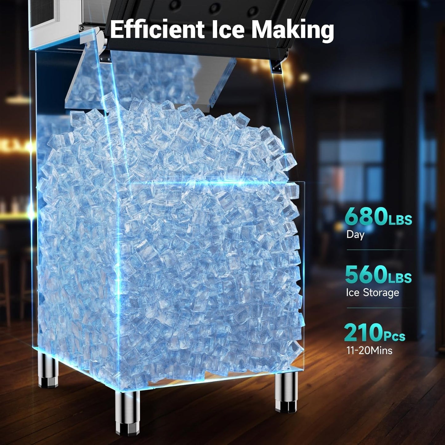 680 LBS/24H Commercial Ice Machine with 560 LBS Storage Bin, Ice Cubes Ready in 5-15 min, Stainless Steel Industrial Ice Maker, Self-Cleaning, Timing Function, Adjustable Ice Thicknesses