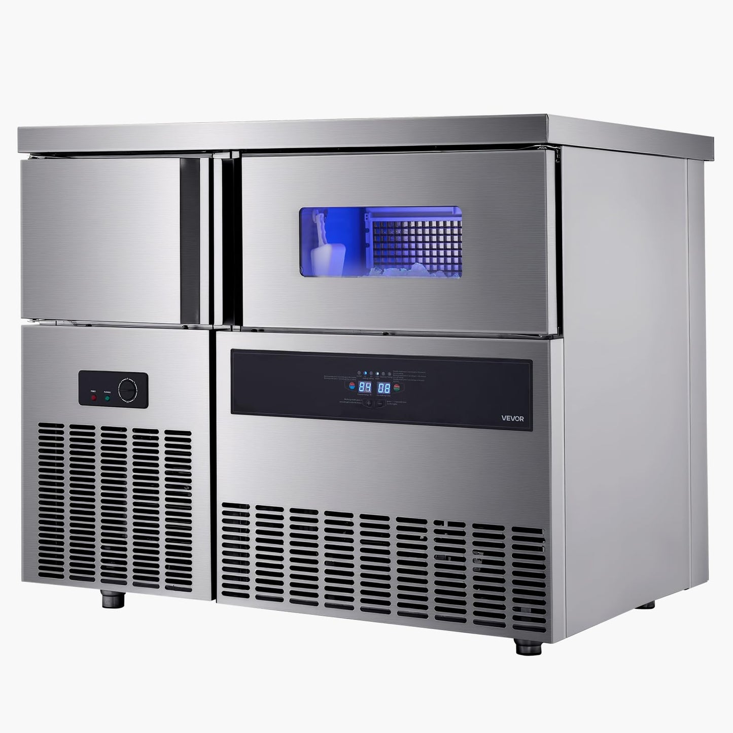 VEVOR Commercial Ice Maker Machine, 330 lbs/24H Stainless Steel Ice Machine with Worktop, 88 lbs Storage & 144 Cubes/Cycle, Self-Cleaning Freestanding Ice-Making for Home Bar Office Restaurant Kitchen