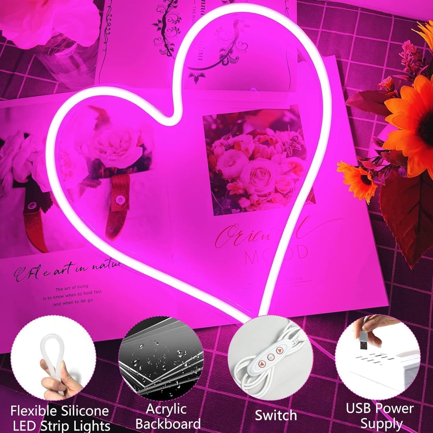 Pink Heart Neon Sign, Neon Heart Light for Wall Decor, Love Hearts LED Light up Sign 13.4×13 Inch Dimmable USB Powered Romantic Light Sign for Bedroom Valentine's Kids Room Wedding Party Decoration