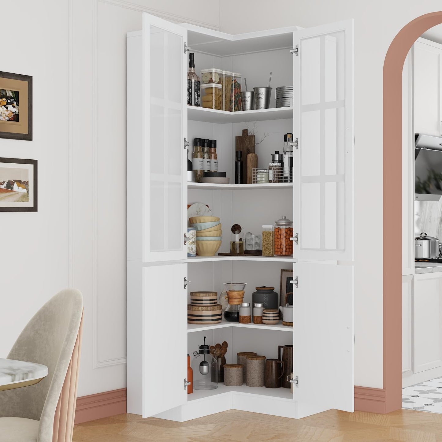 ROMSHINE Corner Bookshelf with Glass Doors, L-Shaped Bookcase with 5-Tier Shelf, 78.9" Tall Kitchen Corner Storage Cabinet, Grilles Glass Display Cabinet for Living Room Home Office, White