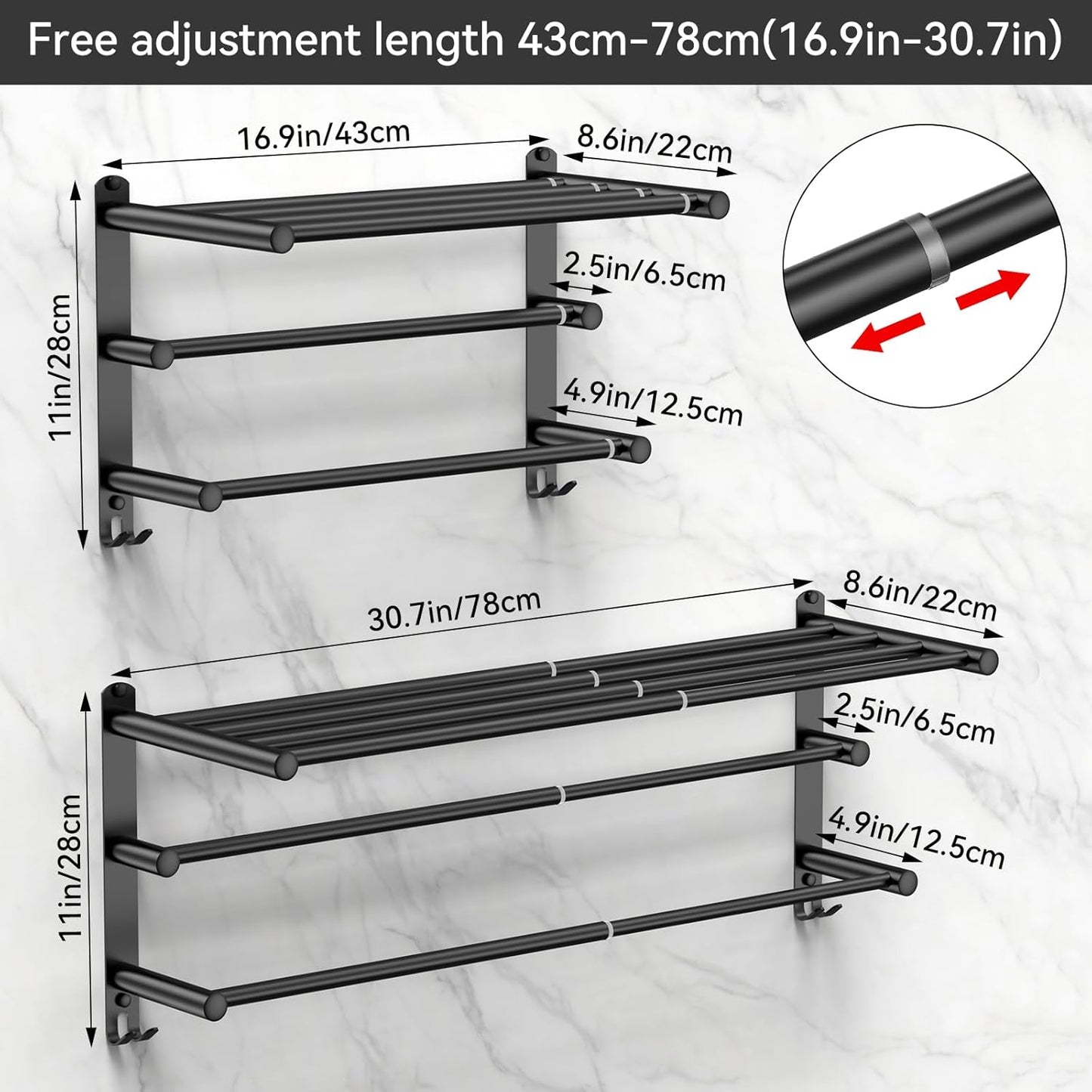 Black Adjustable Towel Bar for Bathroom Wall Mount17-30.7inch Adhesive Shower Towel Rack Stainless Steel Bath Towel Holders for Toilet Kitchen Double Towel Hanger (Black 3-Layer Towel Rack)