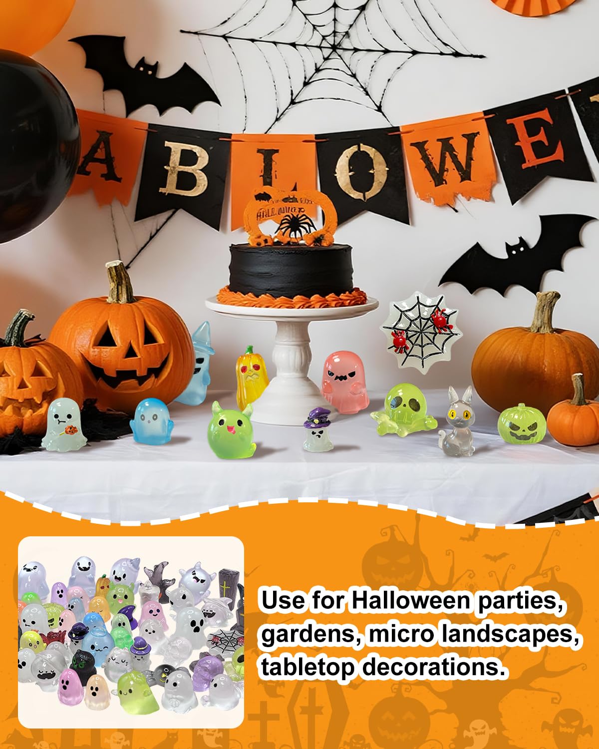 Piemow 72 Pcs Halloween Mini Resin Animals Figures Kit - Luminous Tiny Resin Figurines Accessories, Glow in The Dark Miniature Ghost Figurines for Halloween Party, Micro Landscape, Tabletop Decor