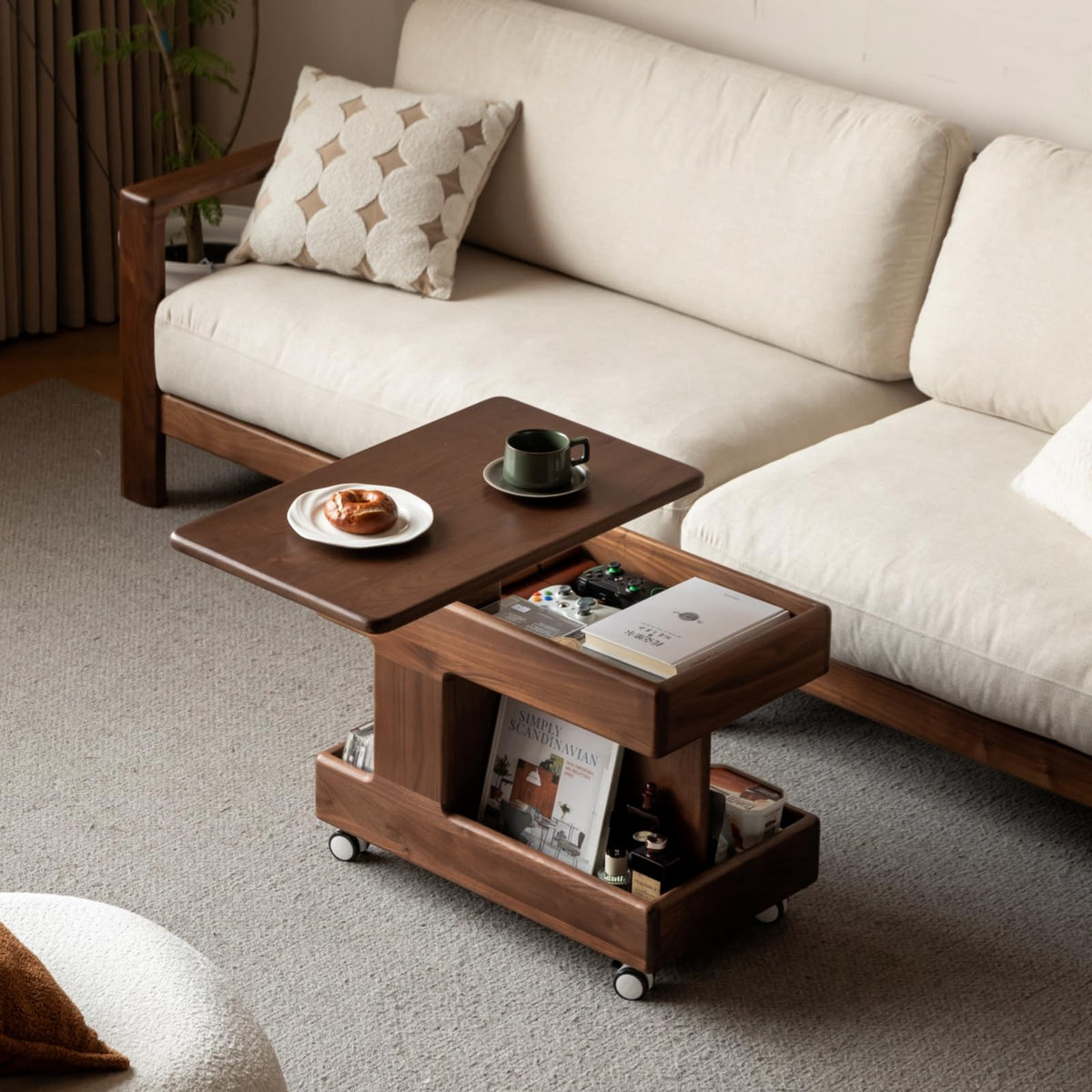 Vadisun 100% Solid Wood Lift Top Coffee Table, Small Bedside Table with Rolling Wheels, Adjustable Side Table for Dining Room, Recliner and Small Places(Walnut, Fully Assembled Furniture)