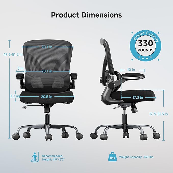 PKPT Mesh Office Chair, 330LBS Ergonomic Desk Chair with Adjustable Lumbar Support, Executive Computer Chairs for Home Office, Black
