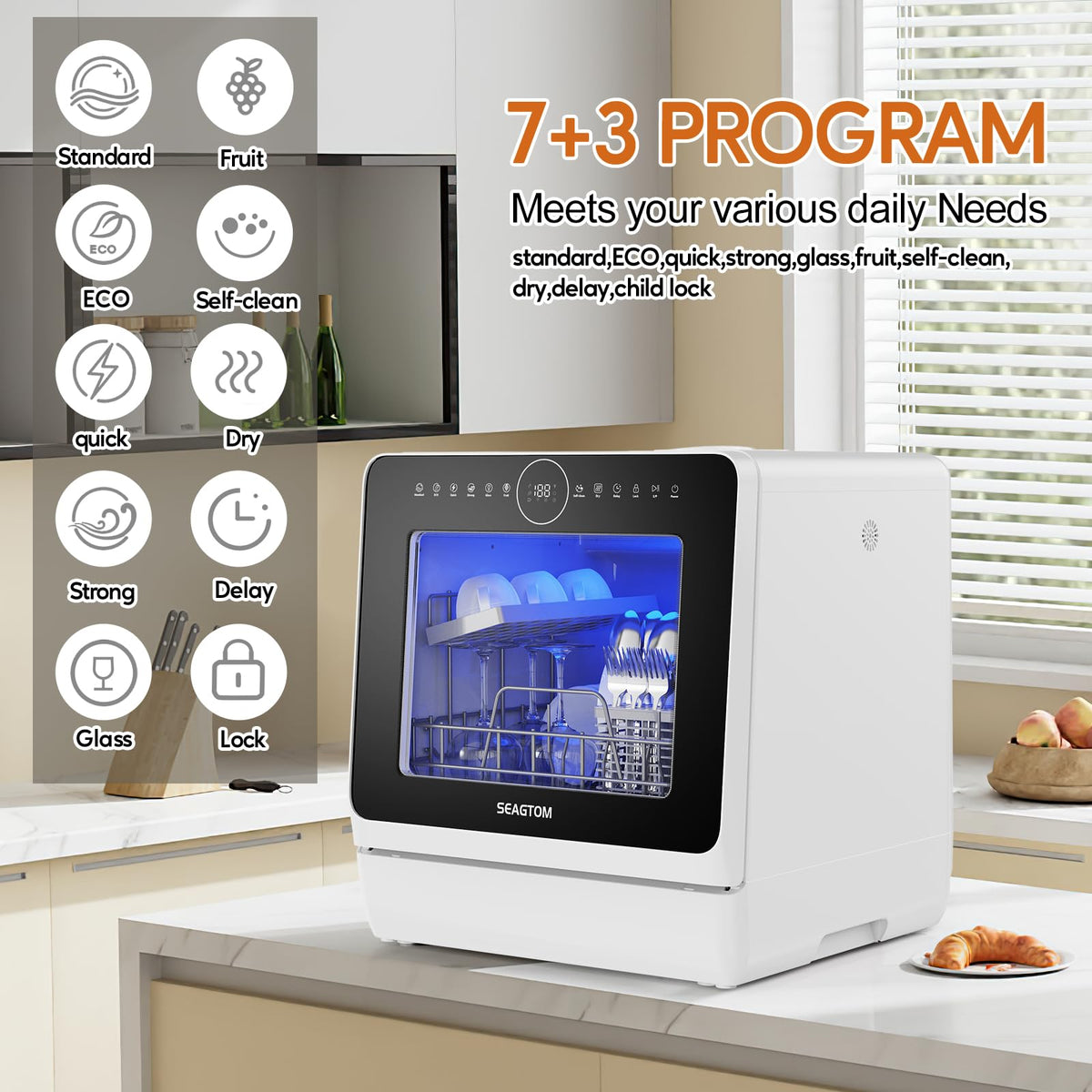 SEAGTOM Countertop Mini Portable Dishwasher Tabletop Small Dishwasher with 5L Built-in Water Tank No HookupNeeded, Baby Care & Air-Drying Function，3 Place Set Capacity for Apartments Dorms Camping RVs