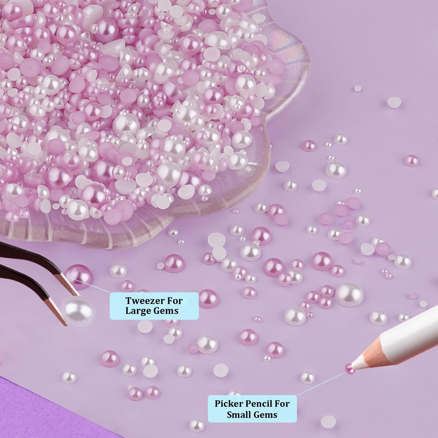 2 Boxes Flat Back Pearls Kit 2 Flatback White&Light Purple Half Round Pearls with Pencil and Tweezer 2-8mm for Face Makeup and C
