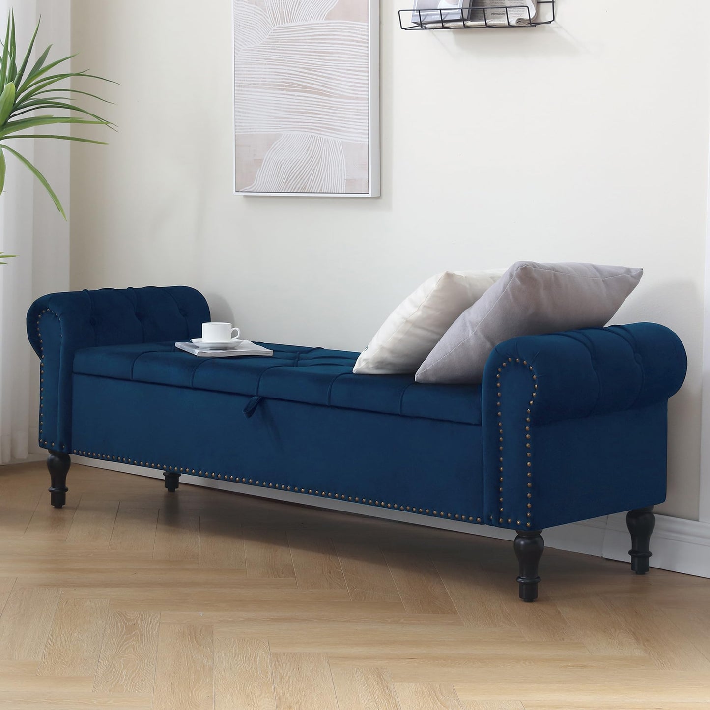 HOMYKA Velvet Storage Bench 67 Inch Upholstered Tufted Ottoman Bench with Arms Large Storage Space King Size End of Bed Bench for Bedroom Living Room Entryway Navy Blue