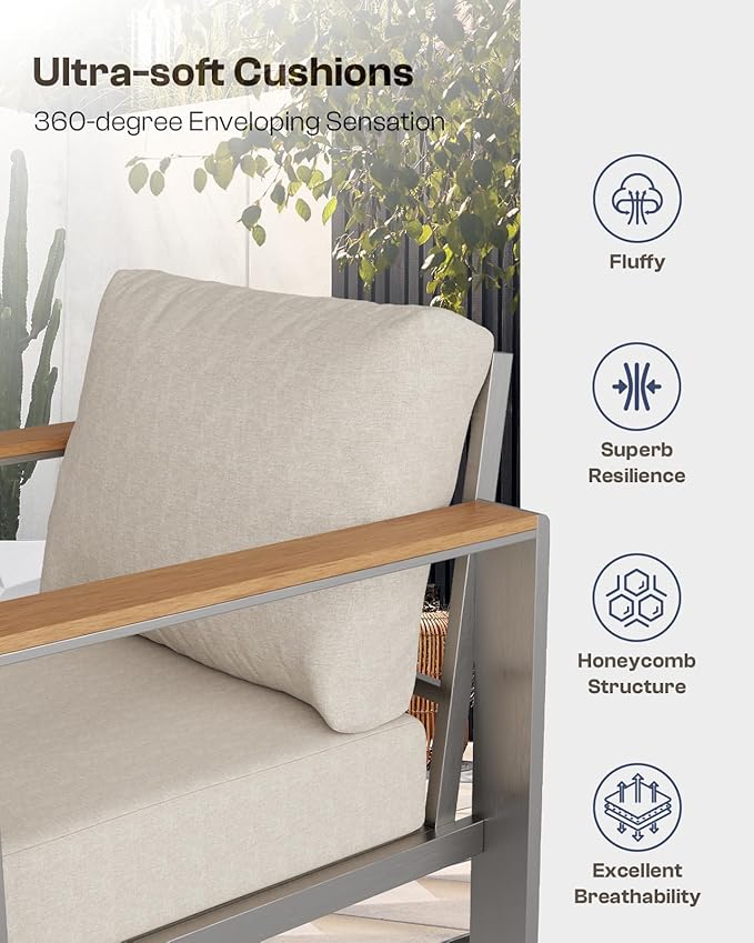 Oasbira Aluminum Outdoor Patio Furniture Set with Coffee Table, 5 Piece Outdoor Conversation Sets with Washable Thick Cushions, Patio Sectional Furniture Set for Porch, Lawn, Garden, Silver