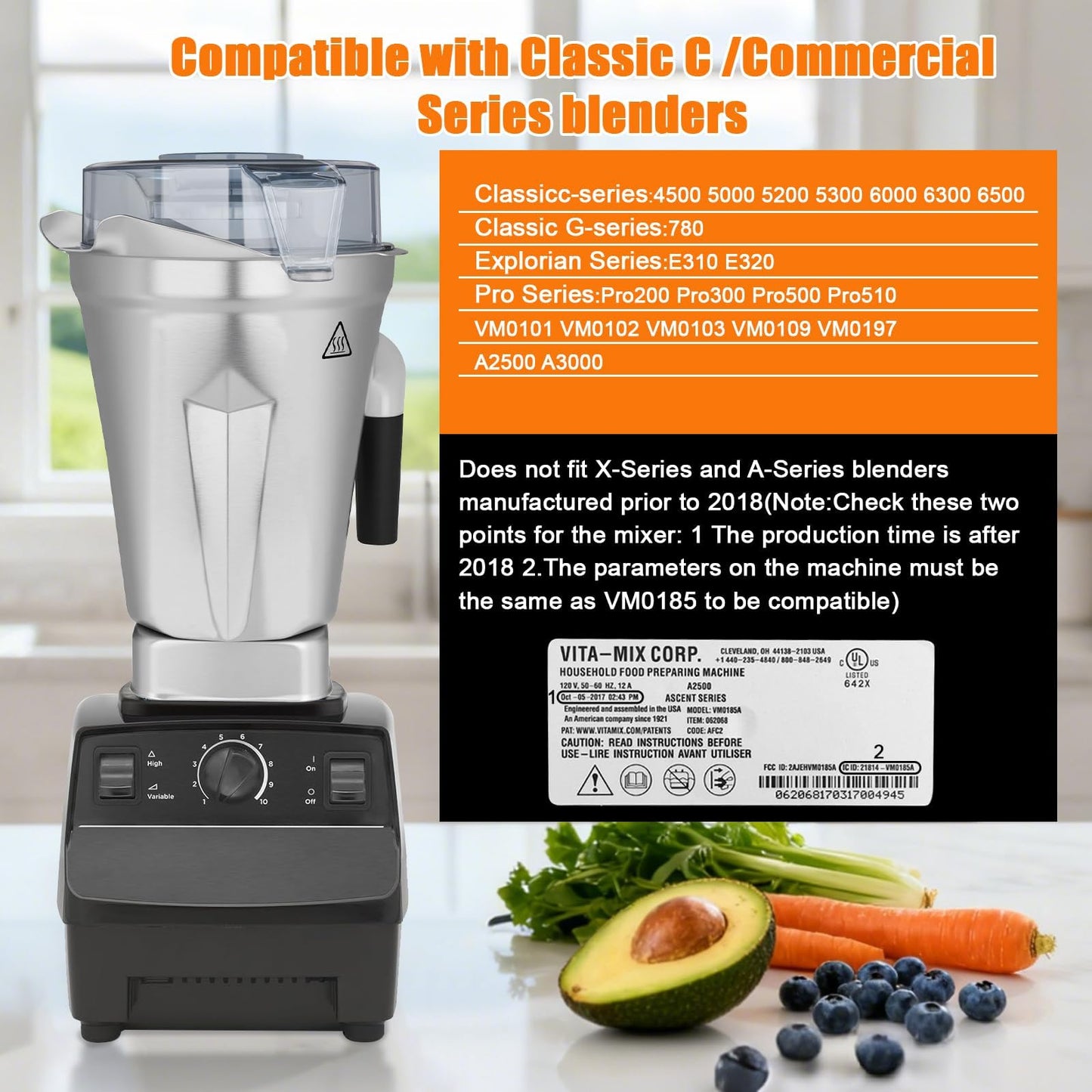 64oz Stainless Steel Container for Vitamix Blenders, Stainless Steel Blender Pitcher Compatible With Vitamix 5200 5000 6300 Vm0103 Vm0197 E310 A2500 Explorian Commercial Ascent etc Series