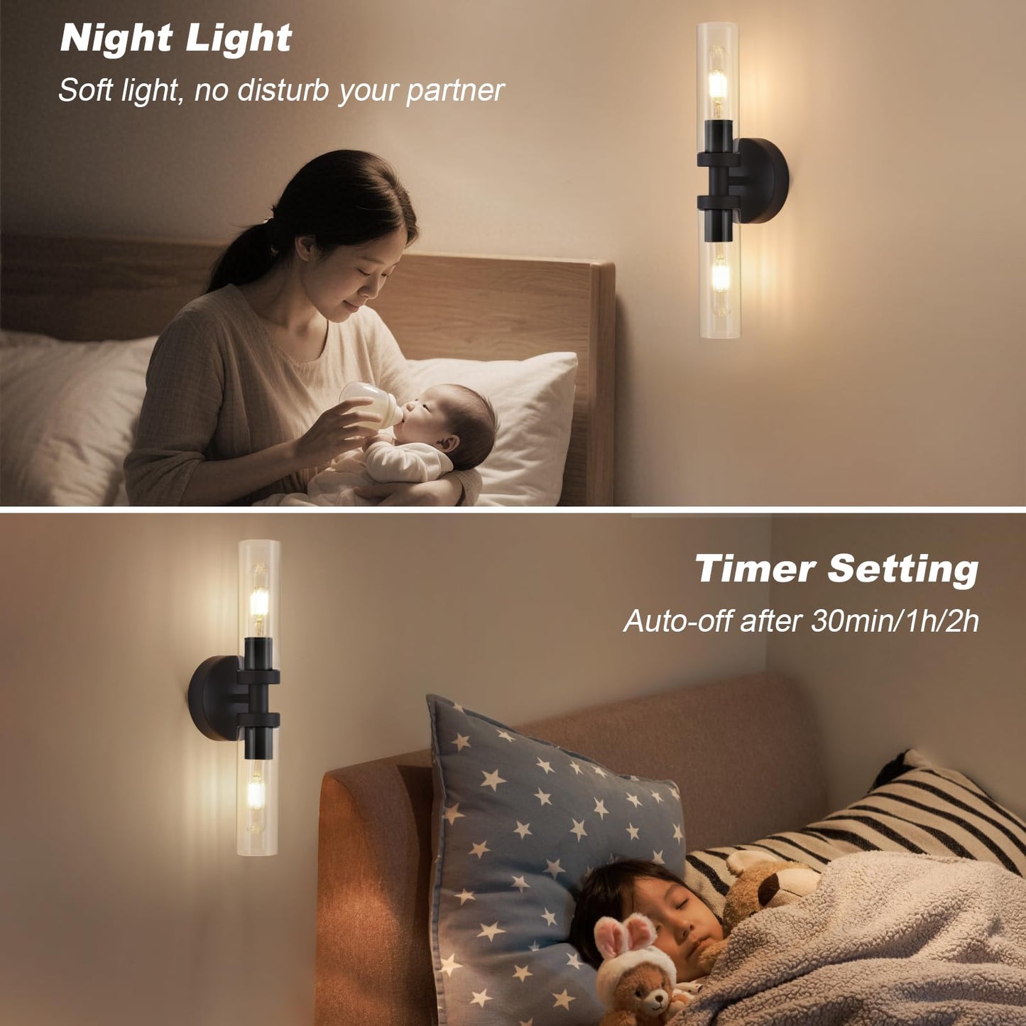 Battery Operated Wall Sconces Set of 2, 330° Rotation 3000K-6000K Dimmable Wireless Wall Sconce with Clear Glass 10400mAh USB Rechargeable Wall Lights with Remote Bulbs Included (Black-2Pack)