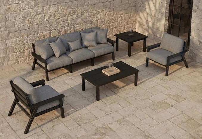 Patio Kingdom 7 Piece Patio Conversation Sets, Outdoor Couch with Washable Thick Gray Cushions, HDPE Patio Furniture Set, Outdoor Sectional Furniture for Backyard, Deck, Lawn, Porch (Black Frame)