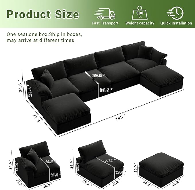 Intuition Decor Modular Sectional Sofa,Extra Comfty Deep-Seat-Filled Couch,Black 6 Seat U Shape Sofas with Movable Ottoman,Modern Couches for Living Room, Apartment, Office,Small Space
