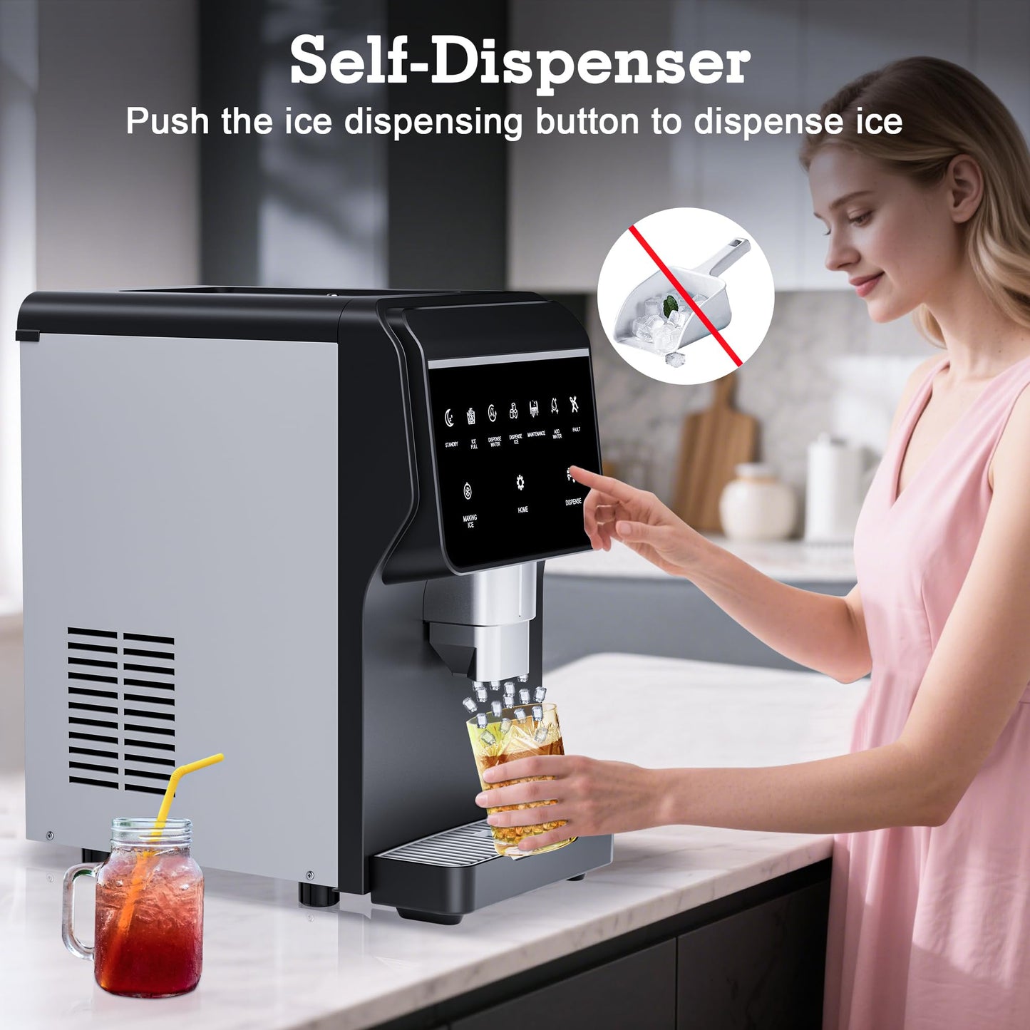 2-in-1 Nugget Ice Maker 66Lbs/24H Soft Chewable Ice, Built-in 6lbs Ice Storage,One-Button Operation Stainless Steels Nugget Ice Machine, Self-Cleaning Function for Office,Party, Home,RV