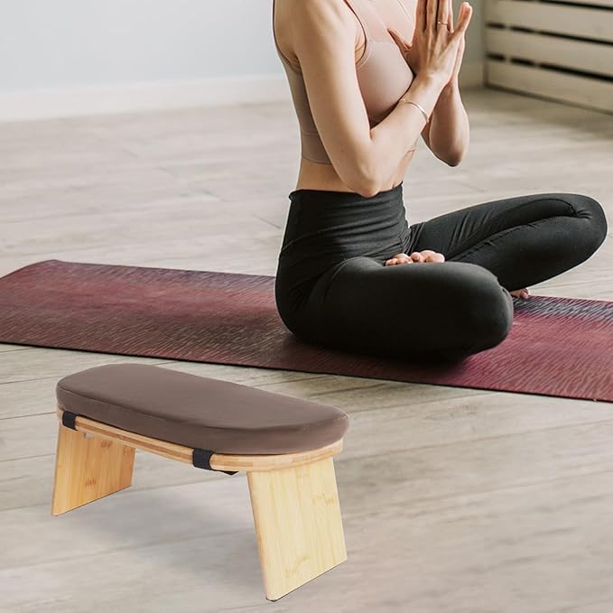 Folding Bamboo Meditation Stool, Meditation Bench with Velvet Cushion & Carry Bag, Travel Meditations Seat, Comfortable Folding Kneeling Stool Chair for Mindfulness, Zen Practice Coffee