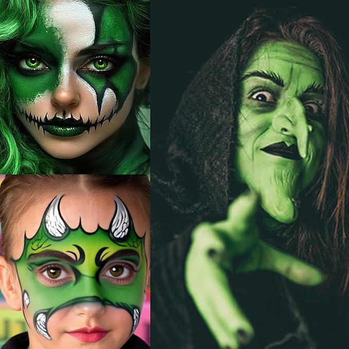 Black White Green Face Body Paint 1.01 oz/pc with 3 Sponges,Dark Green Zombie Face Painting Cosplay Kit, Elphaba Hunting Hulk Halloween SFX Witch Makeup Cream Face Paint,3 oz