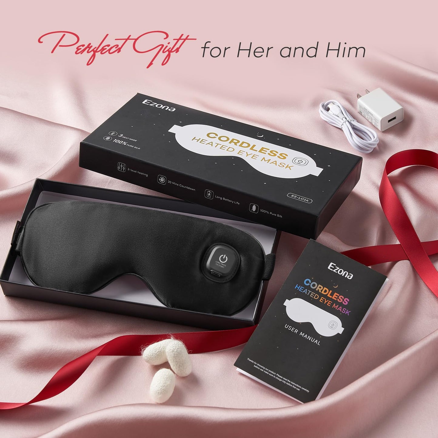 Ezona Silk Cordless Heated Eye Mask, Warm Eye Compress Mask for Dry Eyes, Washable Eye Heating Pad for Travel, Dry Eyes, Blepharitis, Sinus Migraine (Black)