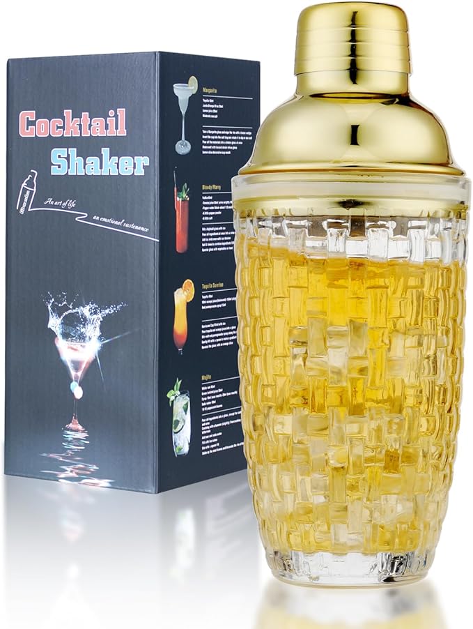 Gbuxska Glass Cocktail Shaker Set - Glass Shaker for Drinks, Shaker Set for Bars, Whiskey, Cocktails (Gold, 13 oz)