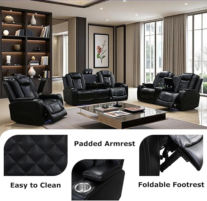 Toseslo Living Room Furniture Sets,Power Recliner Sofa Set with LED Light,Black Leather Sofa and 2 Chairs Set,Modern Power Reclining Sets with Cup Holder/Storage Console for House
