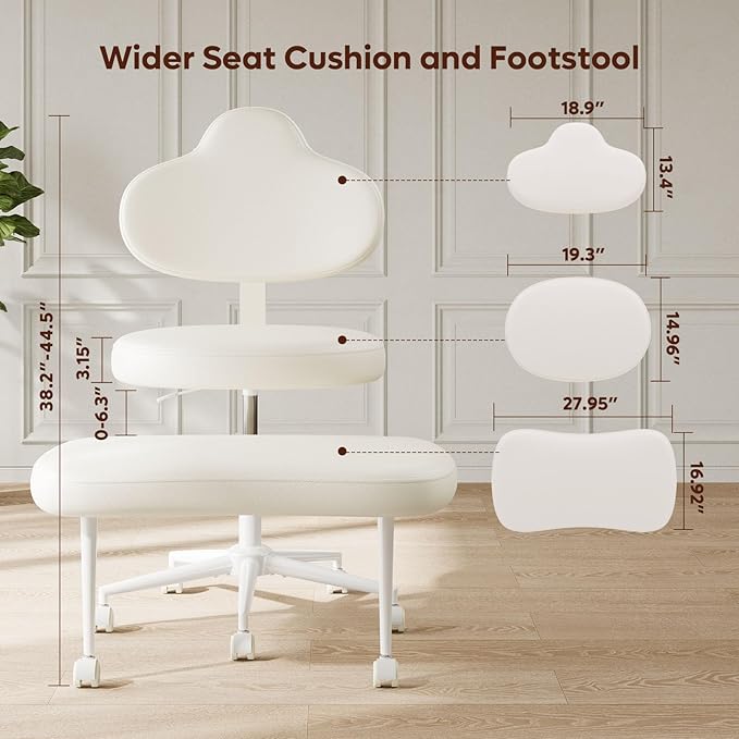 Cross Legged Office Chair with Wheels for ADHD, Ergonomic 360° Swivel Height-Adjustable Meditation Chair for Yoga, Kneeling Chair with 4 inch seat Cushion and Lumbar Support, PU Leather, Off White