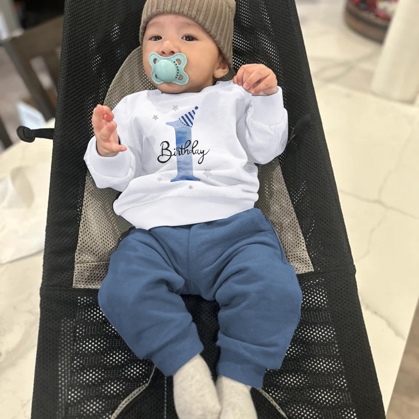 ZOELNIC 1st Birthday Clothes Boy Baby One Year Old Long Sleeve Shirt Pants Fall Winter Outfit (Blue, 12-18 Months)
