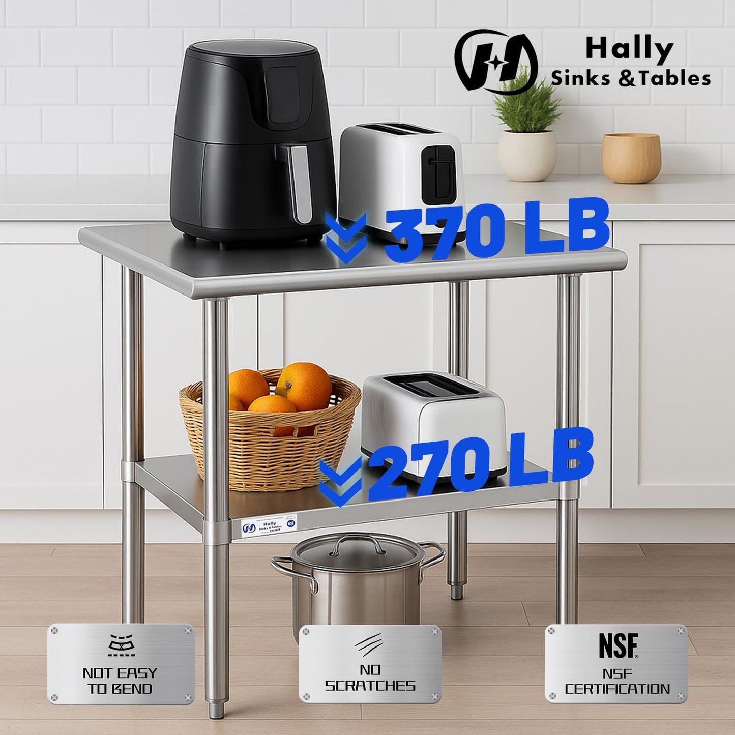 Hally Stainless Steel Table for Prep & Work 24 x 18 Inches, NSF Commercial Heavy Duty Table with Undershelf and Galvanized Legs for Restaurant, Home and Hotel