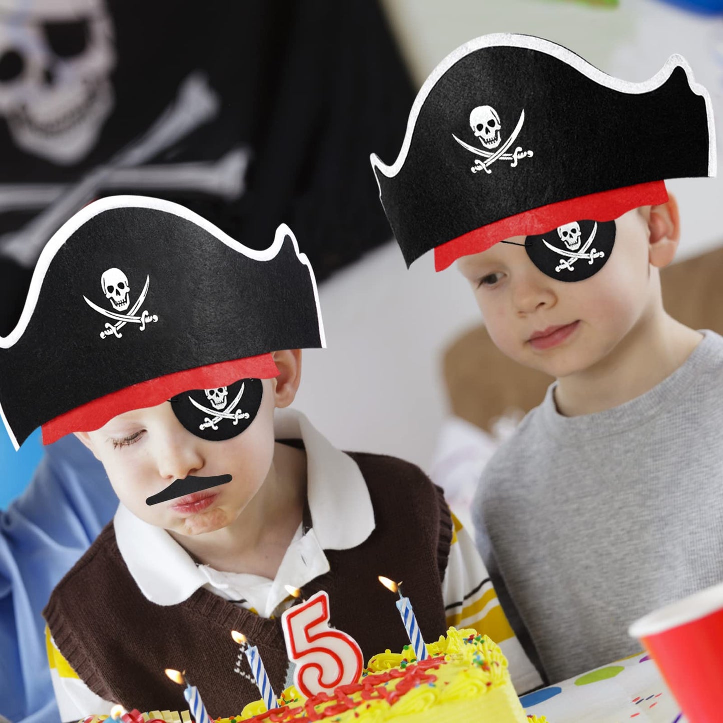 Halatool Pirate Hat Set for Kids, 36 Pcs Felt Pirate Hat, Skull Print Eye Patches, Fake Mustaches - Pirate Party Favors for Halloween, Masquerade, Cosplay