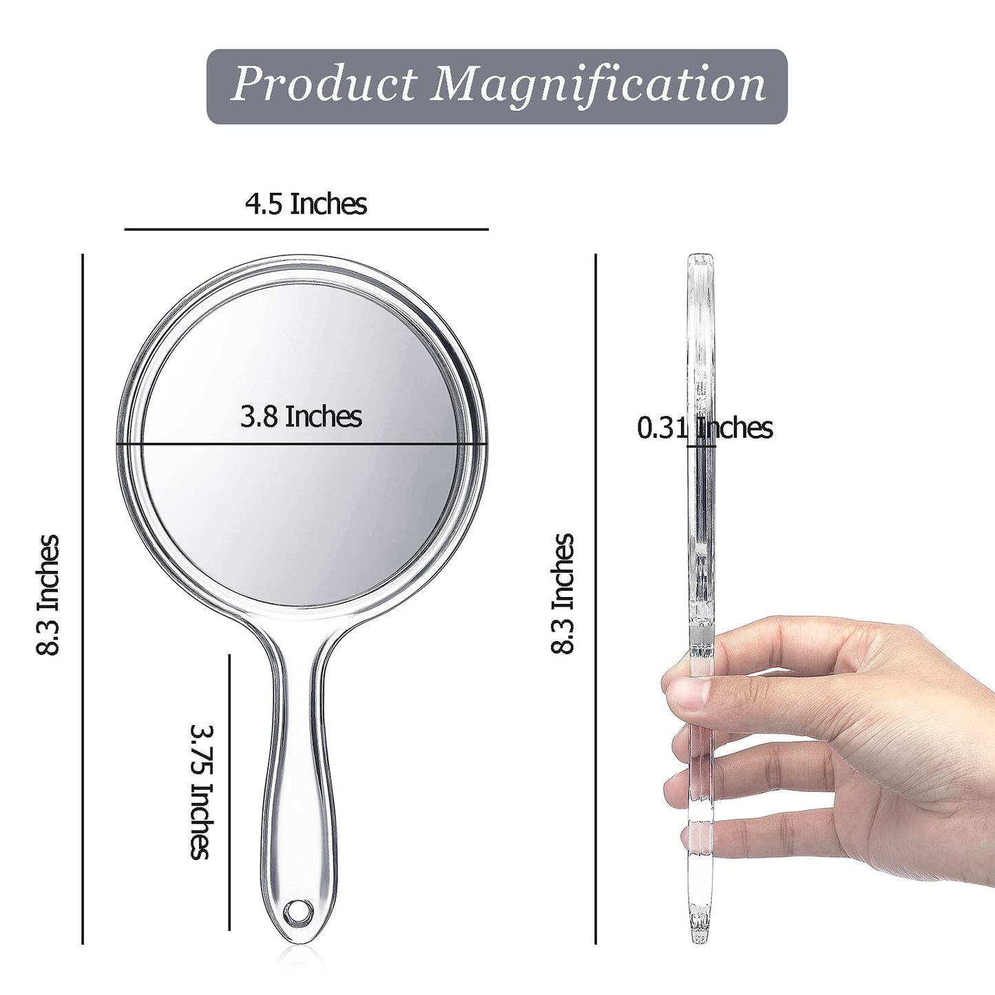 Jetec Hand Mirror Double-Sided Handheld Mirror 1X/ 2X Magnifying Mirror with Handle Transparent Hand Mirror Rounded Shape Makeup