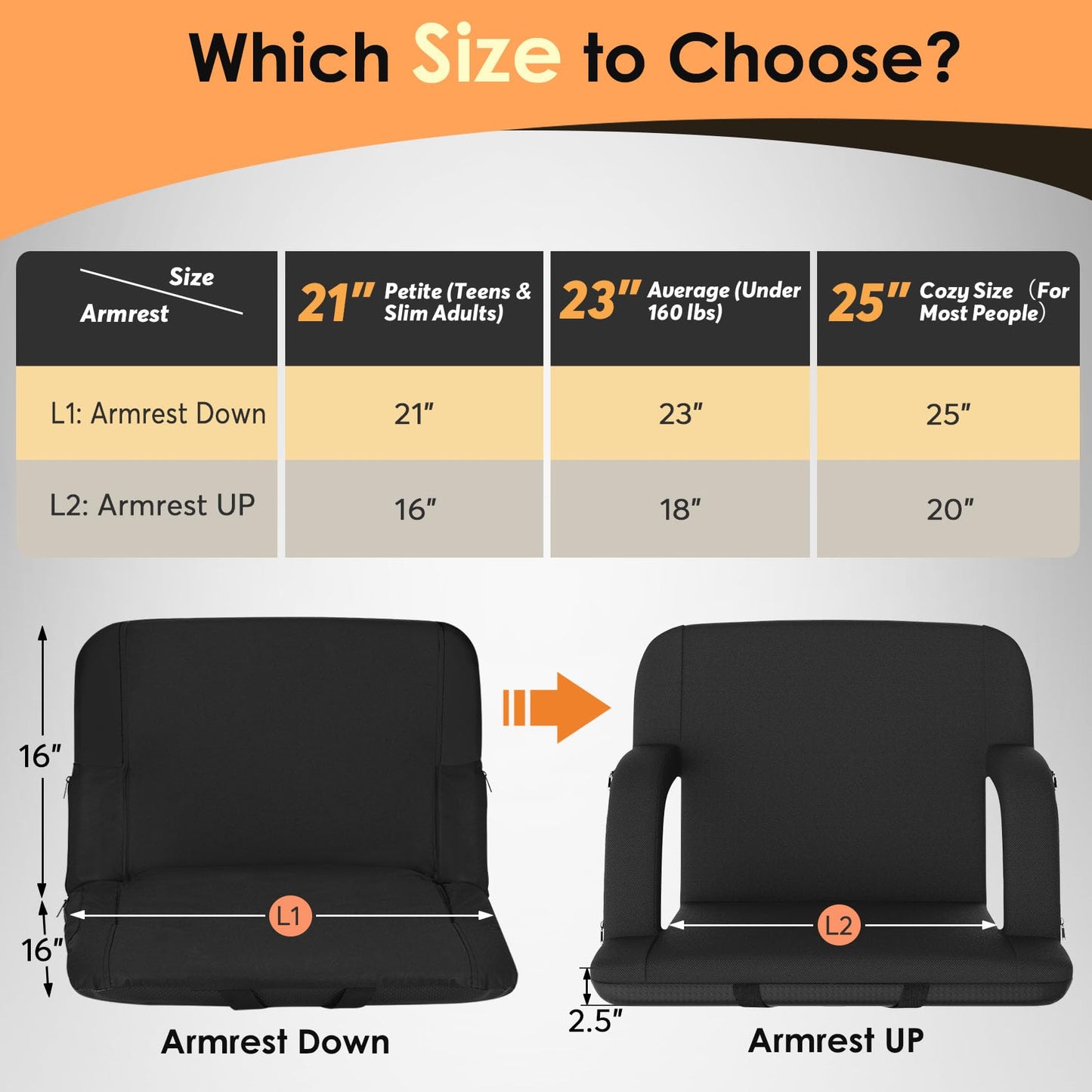 HOPERAN Heated Stadium Seats for Bleachers with Back Support Wide Cushion, Extra Portable Bleacher Seat Foldable Stadium Chair, USB 3 Levels of Heat, Pockets for Outdoor Indoor Sports 23" Black 2pcs