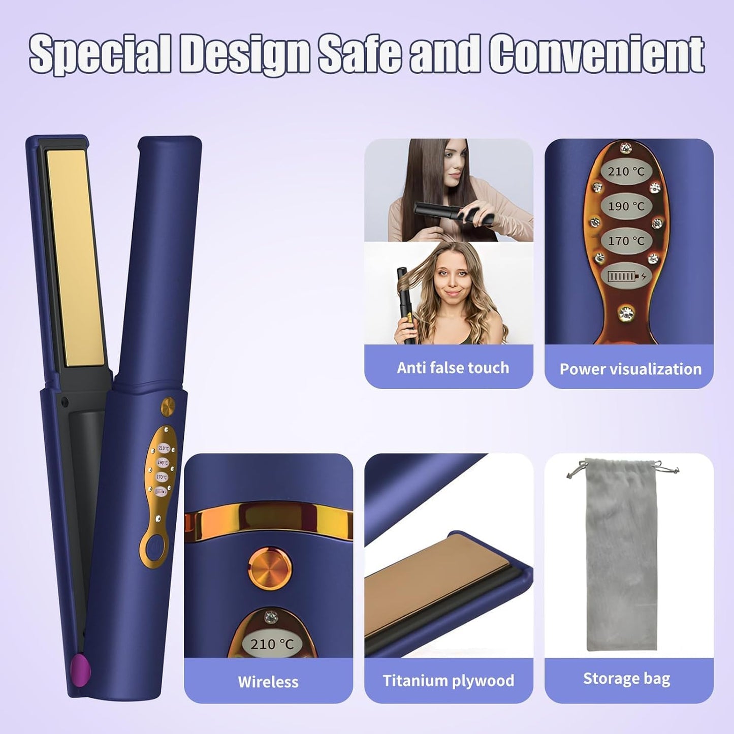 Cordless Hair Straightener & Curler 2 in 1, Mini Wireless Flat Iron, Portable, Rechargeable, Travel Size (Blue)