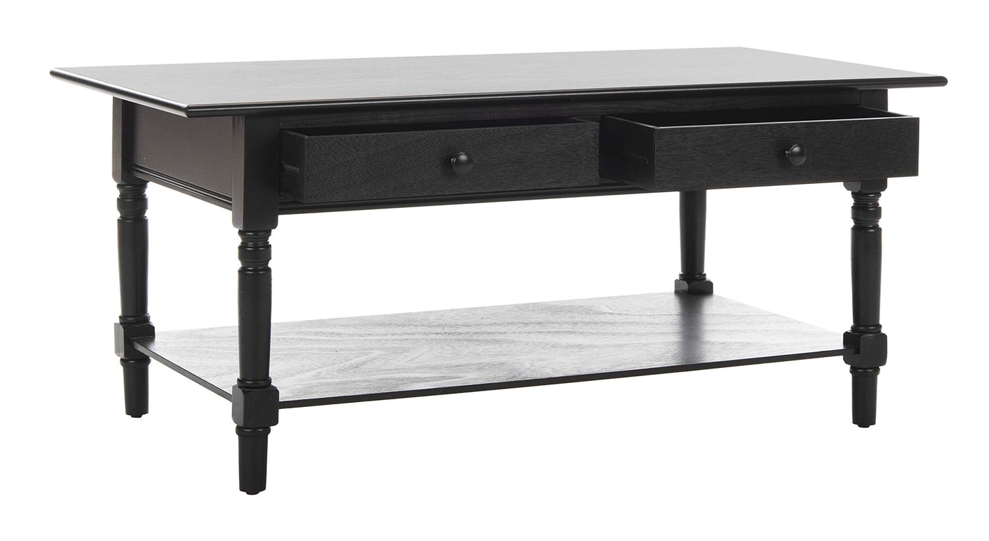 SAFAVIEH Home Collection – Boris Distressed Black Coffee Table with Drawers & Shelf, Farmhouse Storage Coffee Table, Carved Detail Design (AMH5706B)