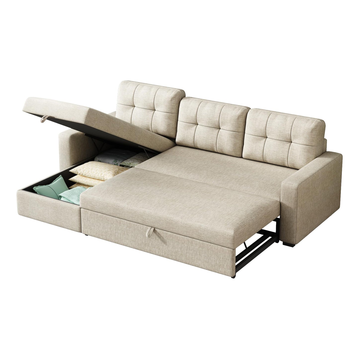 FAVSH L-Shaped Sectional Convertible Sleeper Sofa Bed, Pull Out Couch with with Reversible Storage & Removable 3 Back Cushion for Living Room Apartment,Beige