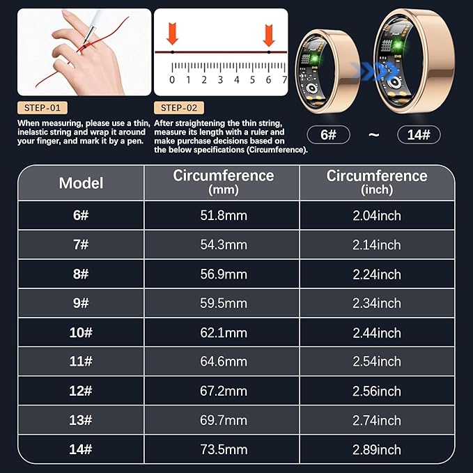 Smart Health Ring for Women Men, Fitness Tracker Ring with Heart Rate, Blood Oxygen, Sleep Tracker, Step Tracker, No Subscription Fee, IP68 Waterproof Smart Ring for iphone & Android (Rose Gold, 13#)