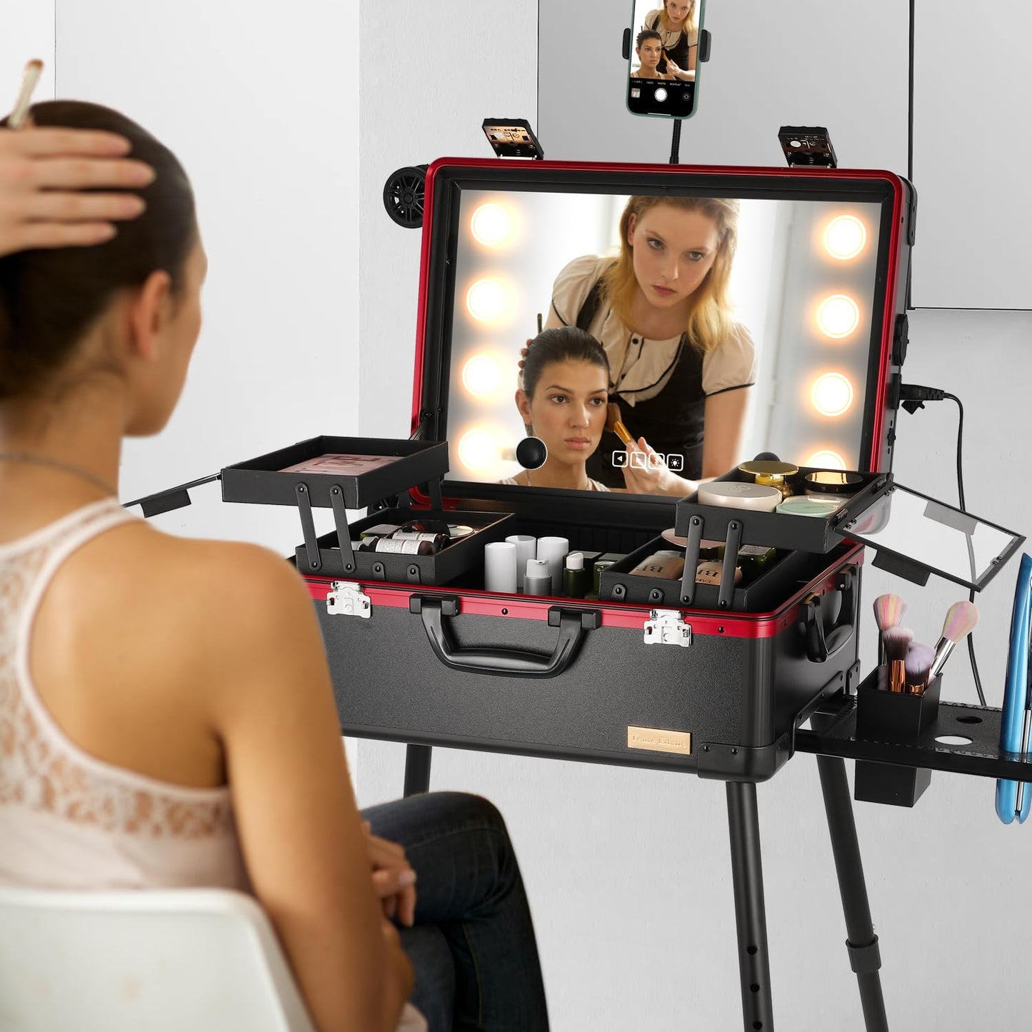Tense Edano 20" Aluminum Ligthed Makeup Train Case with LED Lights Professional Cosmetic Organizer Studio with Speaker, Wheels and Stands Rolling Trolley Makeup Vanity Station for Travel (Black)