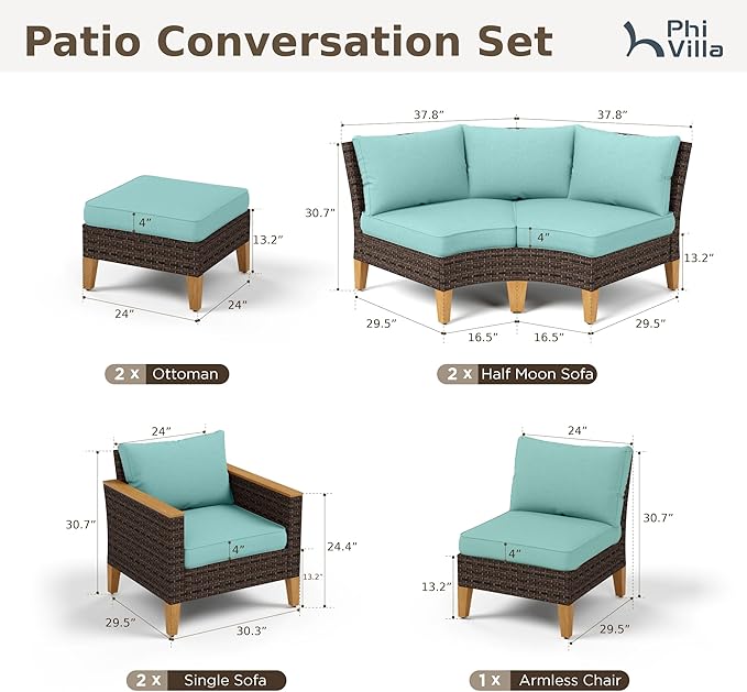 PHI VILLA 7-Piece Wicker Patio Furniture Set, Outdoor Half-Moon Curved Sectional Sofa with Thick Aqua Blue Cushions, 2 Ottomans, 2 Single Seats, Large Conversation Seating for Garden or Backyard