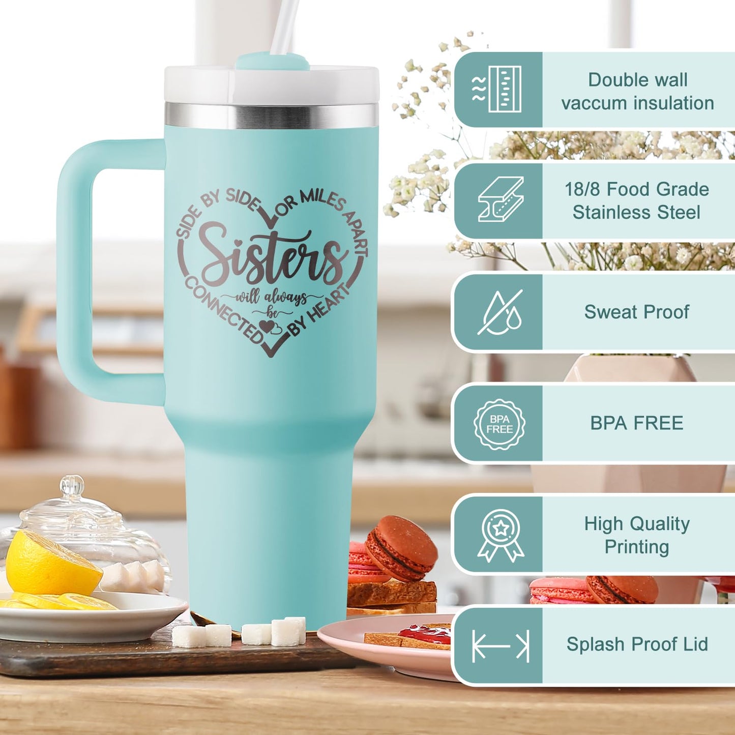 ROSTANTEN Sisters Gifts from Sister, Sister Birthday Gift Ideas, Gifts for Sisters/Sis In Law - 40 oz Travel Cup Insulated Tumbler with Handle & Straw