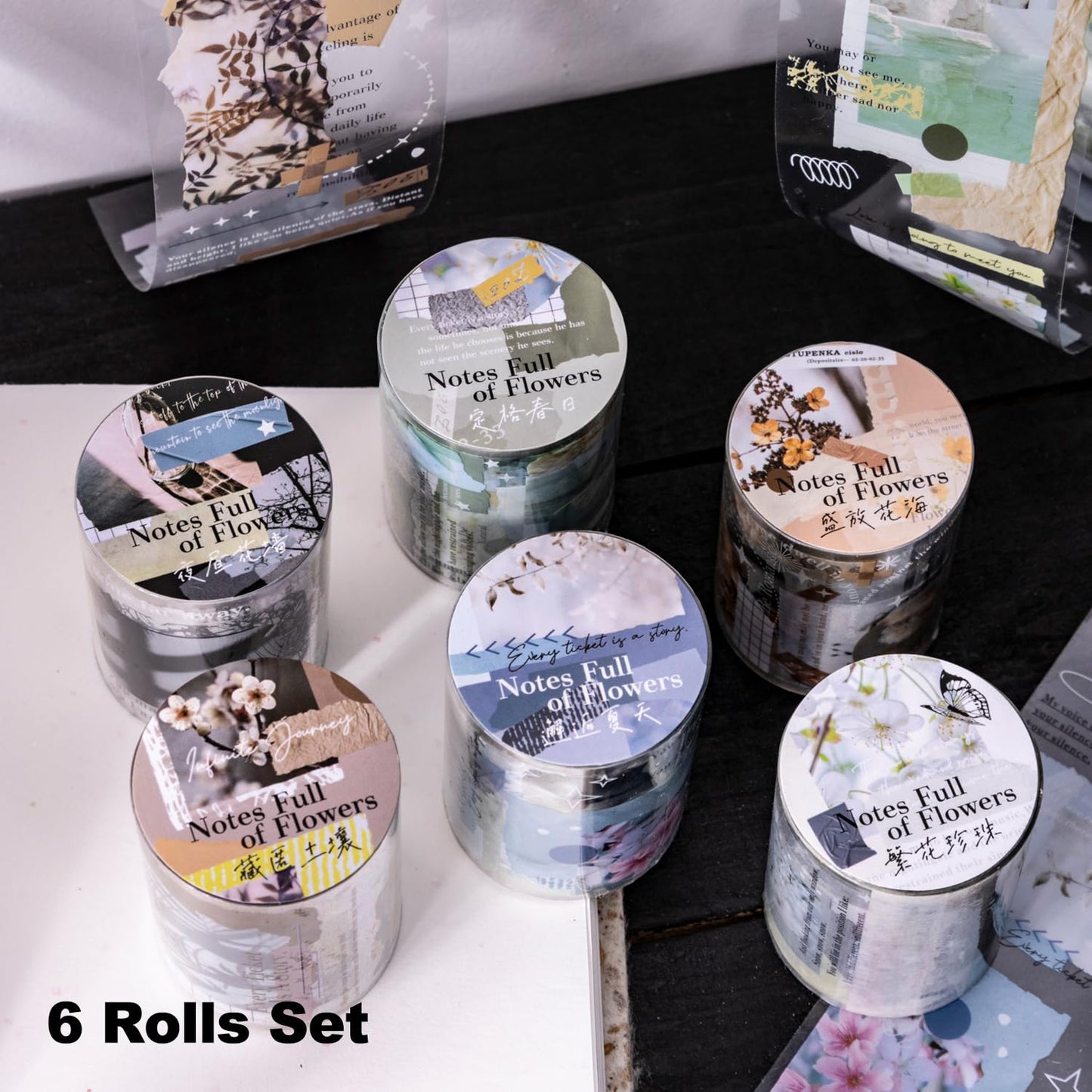 Flower Words PET Tape Set, 6 Rolls of Nature Ephemera for Junk Journaling, Scrapbooking, Crafting, DIY Projects, Diaries, and Art Supplies