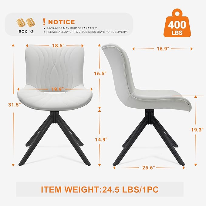 VATROS Dining Chairs Set of 4, 360° Swivel Upholstered Mid-Century Modern Kitchen Dining Room Chairs, Armless Faux Leather Accent Side Chair with Padded Back, Metal Legs for Living Room Bedrooms White