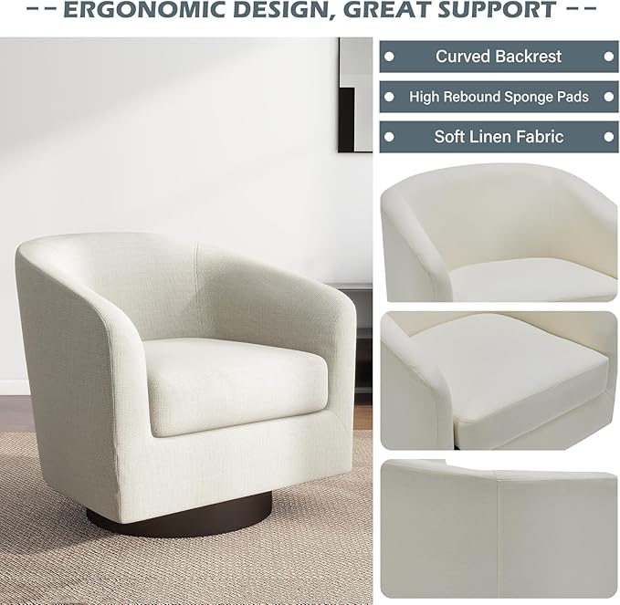 UIXE Swivel Barrel Accent Chairs Set of 2, Fabric Upholstered Armchair Modern Round Club Arm Chair for Living Room, Comfy Single Sofa Seating Bedroom Side Reading Seat - Beige