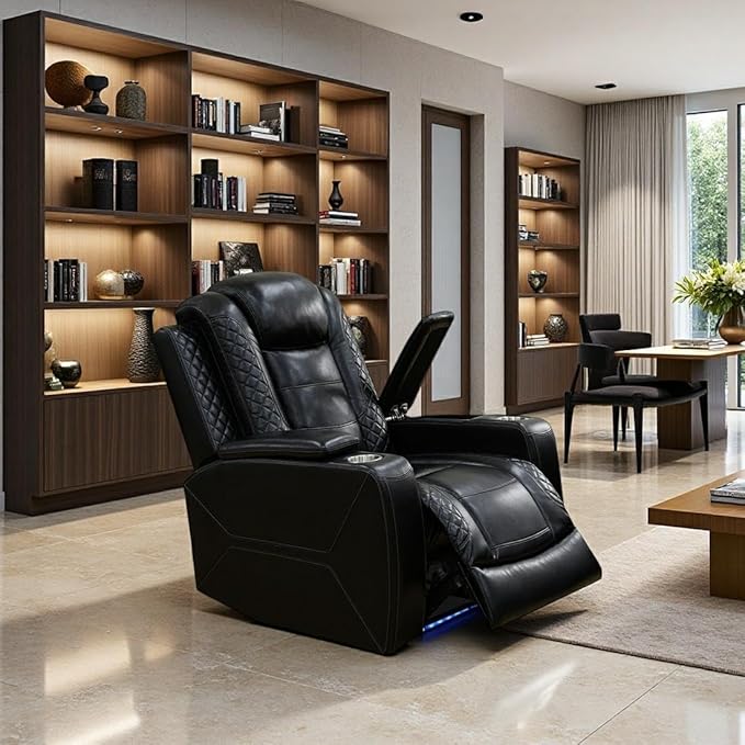 Toseslo Power Recliner Chair Set, Black Leather Reclining Sectional Couch with Adjustable Angle, Living Room Furniture Sets, Modern Reclining Single Chair with Comfy Armrests and Backrests for RV